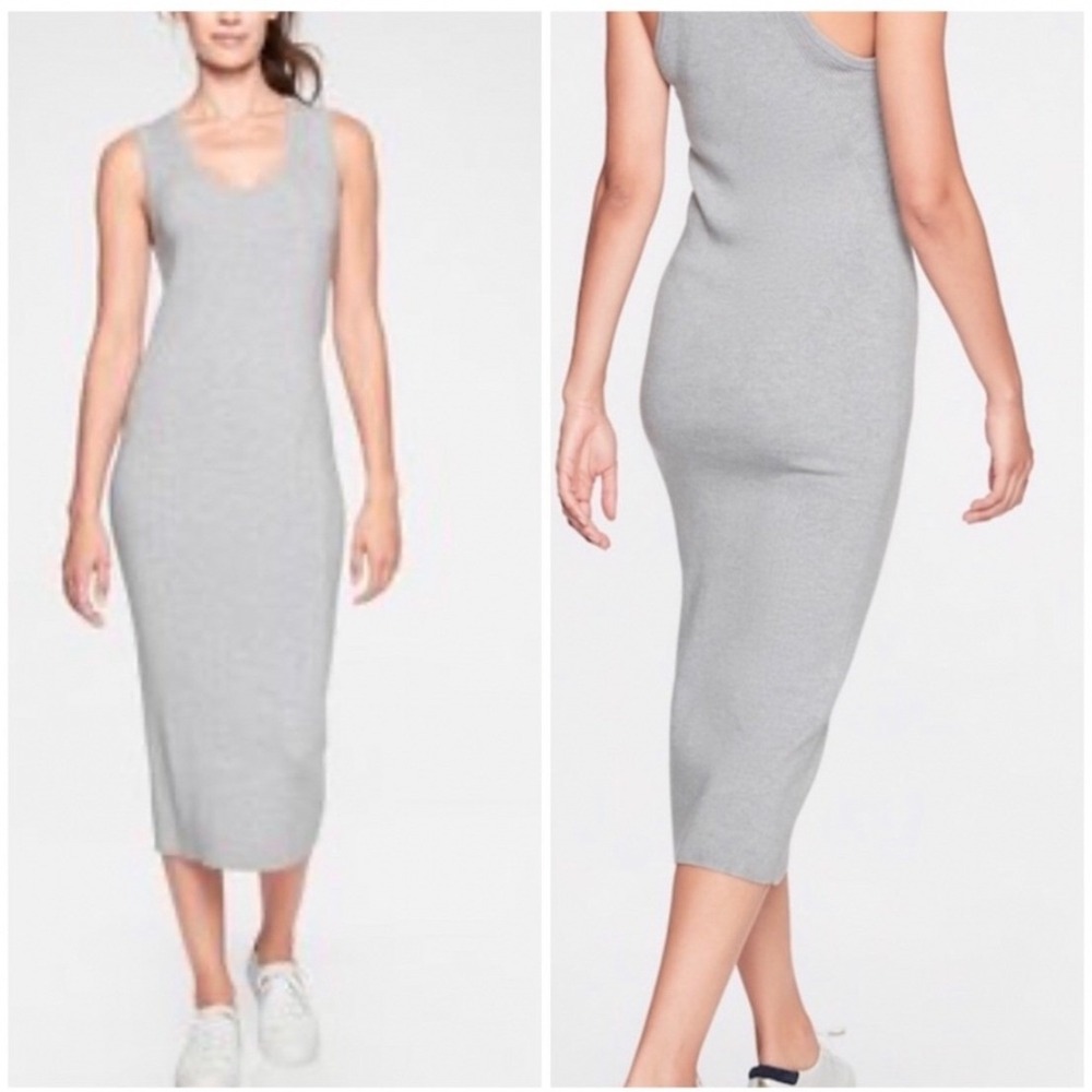 Athleta River Rib Sweater Dress Womens Large Gray NEW Merino Wool Midi Knit